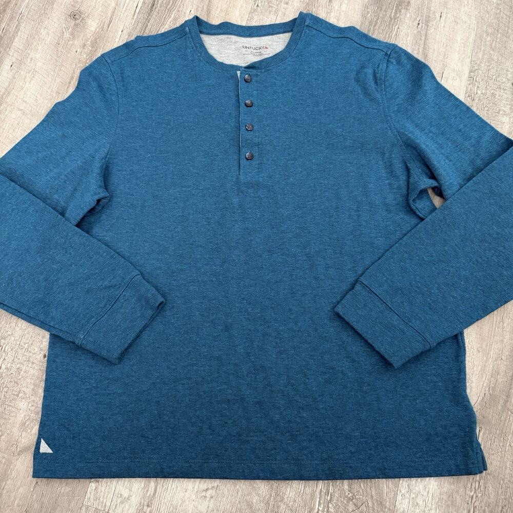 Untuckit Long Sleeve Henley Shirt Mens XL Grassi Teal Blue Logo Soft
